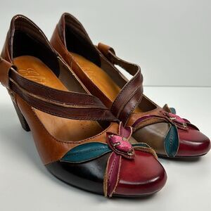 Womens ELITE CORKYS honeysuckle leather heels size 7 colorful unique wooden heel